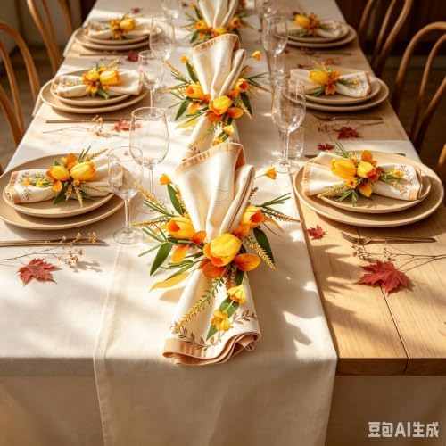12 Pcs Fall Thanksgiving Napkin Rings Artificial Yellow Flower Golden Wheat Green Leaf Orange Autumn Foliage Wreath Napkin Ring Holder Buckles for Autumn Harvest Family Birthday Party Table Supplies