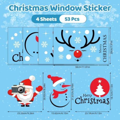 4 Sheets Merry Christmas Window Clings Cute Santa Claus Window Stickers Double Sided Snowflake Glass Decals Snowman Reindeer Window Decal for Home Classroom Nursery Party