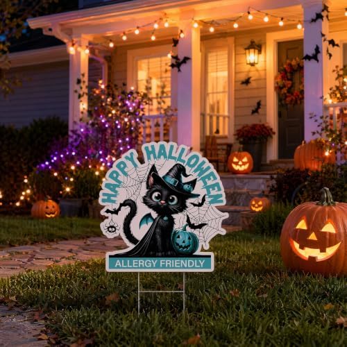 Happy Halloween Yard Sign - Teal Pumpkin Allergy Friendly Decorations Outdoor Decorative Cute Black Cat Yard Stakes for Garden Lawn Backyard Pathway Plastic Halloween Home Party Decor