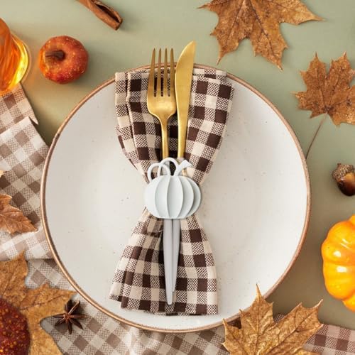 Halatool Thanksgiving Pumpkin Napkin Rings Set of 12, Alloy Fall Napkin Rings Dinner Tables Holders for Thanksgiving Halloween Weddings Holidays Gathering Dinner Party (White)