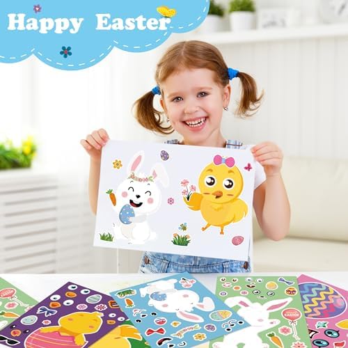 OHOME Easter Basket Stuffers for Kids - DIY Happy Egg Bunny Sticker Crafts Stickers for Toddlers,Kids Easter Gifts Decor Treats Games Toys Activities Party Favor Supplies(24 Sheets)