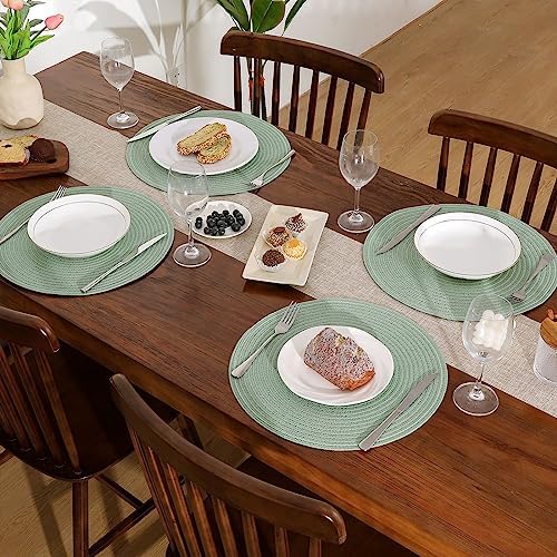 SHACOS Round Placemats Set of 8 Washable 15 inch Round Table Mats Cotton Polyester Woven Braided Place Mats for Dining Table Wedding Party Decor, Sage Green