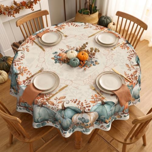 Fall Round Tablecloth 60 Inch, Stain Resistant Washable Fabric Autumn Pumpkin Table Cloth Round Fall Tablecloth Table Cover for Kitchen Dining Party