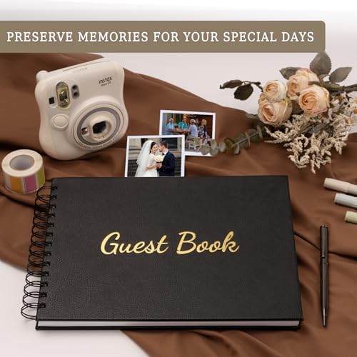 WEMATE Wedding Guest Book,Leather Wedding Receptions,Suitable for Baby Showers,Birthday and Special Events,Polaroid Guest Book with A Pen,136 Blank&Lined Pages for Sign in and Photos 7"x10"
