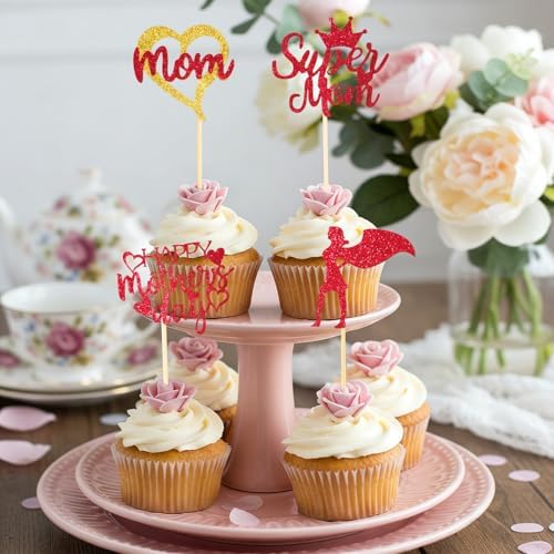 Mothers Day Cupcake Toppers, 24 PCS Mothers Day Party Decorations, Glitter Red Happy Mother's Day Super Mom Cupcake Toppers Cake Decorations Food Picks for Mother's Day Party Decoration Supplies