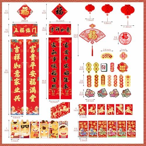 YUBAIHUI 80 Pcs Chinese New Year 2026 Decorations Spring Couplet Red Envelopes Paper-cuts Lanterns Pendants China Party for Lunar New Year Vietnamese Horse Year