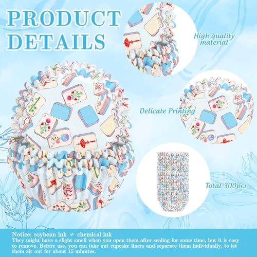 JarThenaAMCS 300Pcs Mahjong Cupcake Liners Blue Paper Baking Cups Standard Muffin Cupcake Wrappers for Birthday Game Night Theme Party Supplies