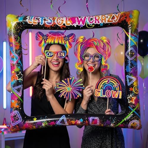Glow Neon Inflatable Photo Frame & Props, 30Pcs Neon Photo Booth Props with Let's Glow Crazy Inflatable Selfie Picture Frame for Neons Disco Black Light Party Supplies