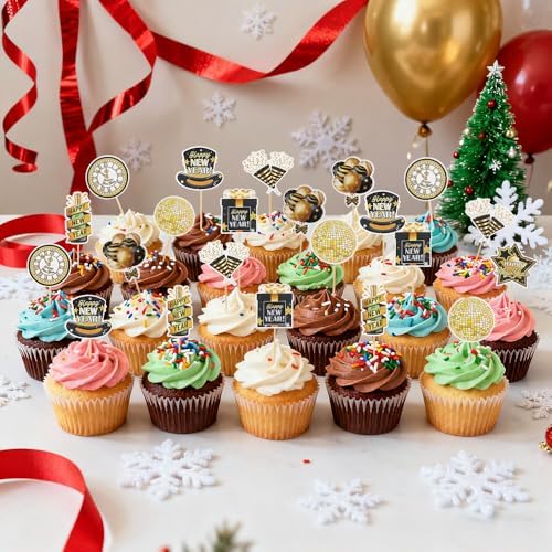 Happy New Year 2027 Cupcake Toppers, 24 PCS Happy New Year Decorations, Black and Gold Cupcake Toppers Cake Decorations Food Picks for New Year's Eve 2027 Party Decoration Supplies, 8 Designs