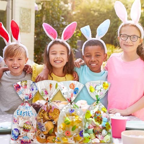 QOIUSO Easter Treat Bags: Clear Easter Cellophane Bags with 60 Twist Ties for Candy Goodie Cookies Sweet and Gifts Packaging - 50pcs Assorted Bunny & Egg Designs Platstic Party Favors Bags