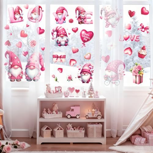 Whaline 9 Sheets Valentine' s Day Window Clings Cute Pink Love Gnome Heart Window Decal Reusable Anti-Collision Windows Decor for Wedding Anniversary Home Party Supplies
