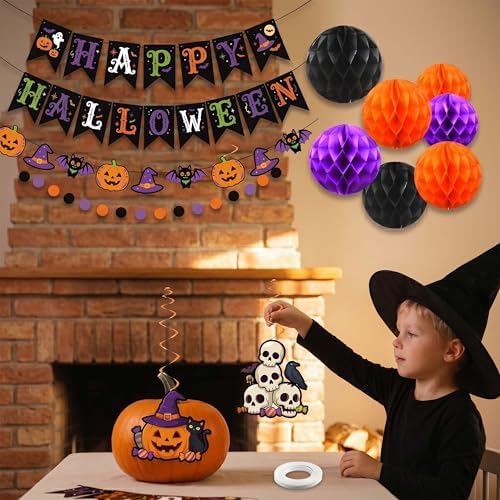 17 Pcs Halloween Party Decorations Indoor, Purple Orange Black Happy Halloween Banner Tissue Pom Poms Hanging Swirls, Spooky Cute Room Ceiling Wall Decor Supplies