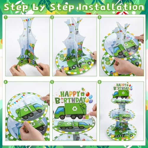 Keluna Trash Truck Birthday Decorations - 3 Tier Garbage Truck Cupcake Stand for Boys Birthday Party Table Decor, Trash Truck Party Supplies Dessert Cake Holder