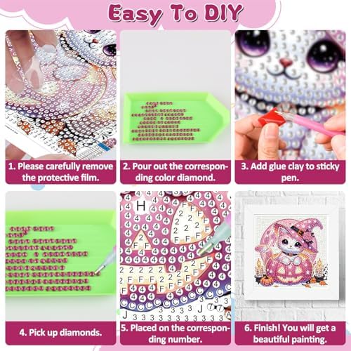 Halloween Cat Diamond Art Painting Kits for Kids with Frame, Diamond Painting Kits for Kids Ages 4-8-12, Easy Gem Arts and Crafts Gift for Girls Boys Adult Beginners Home Wall Decor(7x7inch)