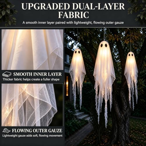 3 Packs Halloween Decorations Outdoor - Hanging Ghost Decor for Porch Yard