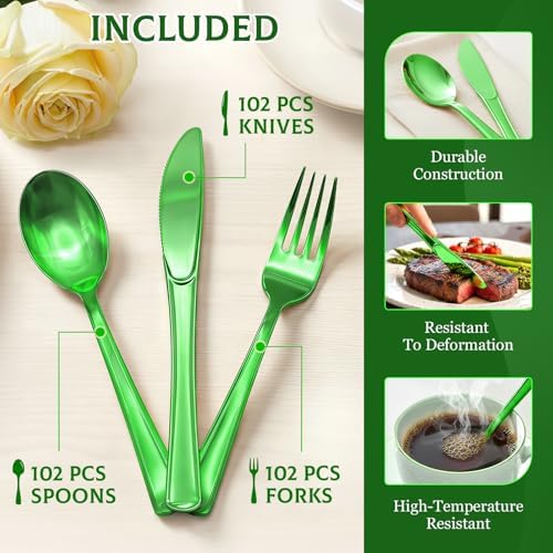 Glowserve 306 Pack Green Disposable Plastic Silverware Set Cutlery Set