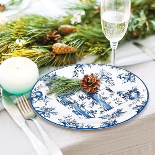 Whaline 40 Pcs Christmas Paper Plates 4 Designs Chinoiserie Blue and White Porcelain Xmas Tree Santa Claus Disposable Plates Tableware for Winter Party Tableware Supplies, 9 In