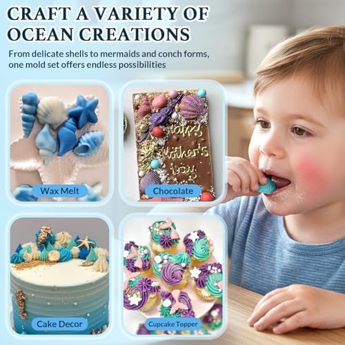 HKNMTT Marine Themed Silicone Mold for Polymer Clay Fondant, Seashell Mermaid Tail Starfish Ocean Seahorse Air Dry Clay Craft Cake Decor Wax Melt Chocolate Candy Mould DIY Cupcake Toppers BPA Free