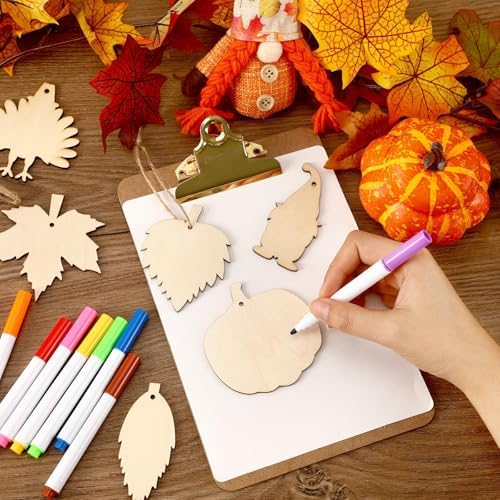 DECYOOL 50 Pcs Thanksgiving Fall Wooden Ornaments Autumn Wood Slices