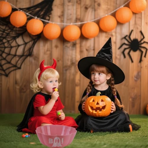 4 Pcs Large halloween candy bowl Trick or Treat Candy Bowl 11.6x4.3 Inch Reusable Plastic Pumpkin Bowl for Halloween Party Decor Supplies (Pink)