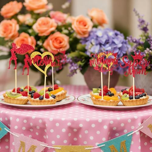 Mothers Day Cupcake Toppers, 24 PCS Mothers Day Party Decorations, Glitter Red Happy Mother's Day Super Mom Cupcake Toppers Cake Decorations Food Picks for Mother's Day Party Decoration Supplies