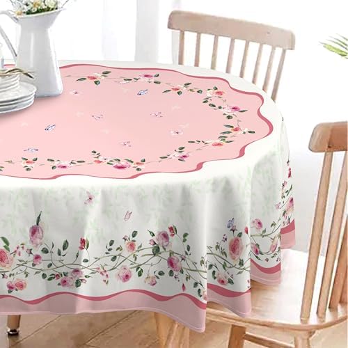 Pink Floral Tablecloth Decoration Tablecloths, Pink Rose Rosette Butterfly Table Covers, Waterproof Table Cover for Dinner Kitchen Party Holiday Decor 60"x 102" Oval
