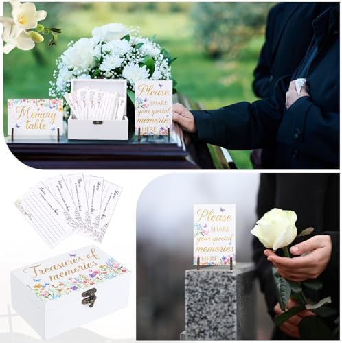 Gilprop 112 Pcs Celebration of Life Memory Cards Set Share a Memory Cards with Box 2 Wood Sign with 4 Hold and 5 Pens, Sympathy Memorial Gifts Funeral Keepsake Decorations(Wildflowers)