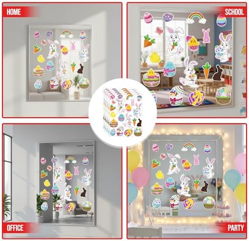 Iconikal 100-Count Window Clings for Easter, Static Bunny Egg Decals for Glass Reusable, 5 Sheets of 20