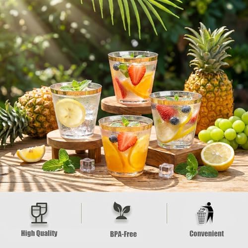 I00000 200 Pack Gold Plastic Cups, 9 OZ Elegant Gold Rimmed Plastic Cups