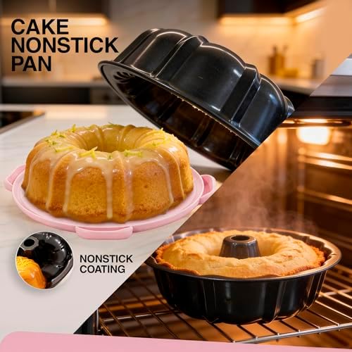 10in Buntz Cake Pan Non Stick & 12in Cake Carrier with Lid-Handle, Pink