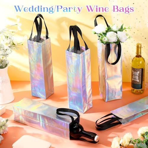Windyun 200 Pcs Wine Gift Bags with Handle Reusable Small 13.8x3.5x3.9 Inches Liquor Bottle Totes Bulk for Birthday Wedding Christmas Holiday Party (Iridescent)
