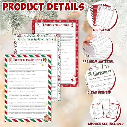 66 Pcs Christmas Trivia Game Cards Christmas Games for Family Party Merry Xmas Trivia Paper Holiday Activity Guessing Card Large Groups Adults Annual Festive Events Decorations Gifts with Answer Key