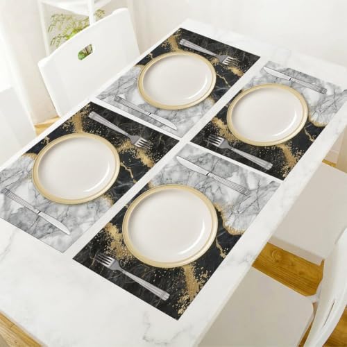 Black and Grey Placemats Set of 6, 12x18 Inch Abstract Modern Marble Pattern Printed Golden Stripe Linen Coffee Table Mats for Party Kitchen Dining Decoration