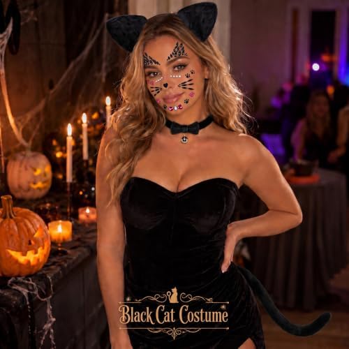 Black Cat Ears Headband, Tail, Choker & Face Stickers Set - Black Cat Costume Outfit Woman Adult Women, Halloween Cosplay Costume Dress Up Party Accessories