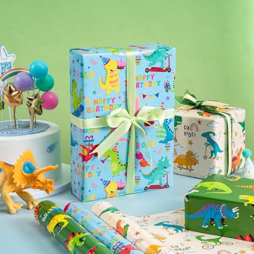 WRAPAHOLIC Dinosaur Wrapping Paper Roll - 3 Short Roll - Dinosaur Happy Birthday Wrapping Paper for Kids Boys Birthday, Dinosaur Party Favor - 17 Inch x 120 Inch Per roll