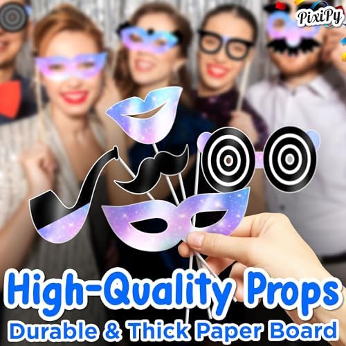 Premium Birthday Wedding Graduation Photo Booth Props Kit - 16 pc - Black & Purple - Durable & Easy-to-Use Photobooth Props Signs for Memorable Photos - Party Supply Decorations - by PixiPy