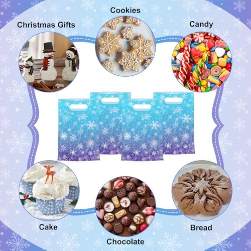 50 Pcs Winter Snowflake Gift Bags, Plastic Frozen Goodie Bags with Handles, Blue and Purple Candy Goodie Party Favor Bag for Winter Wonderland Christmas Birthday Decorations Frozen Party Supplies