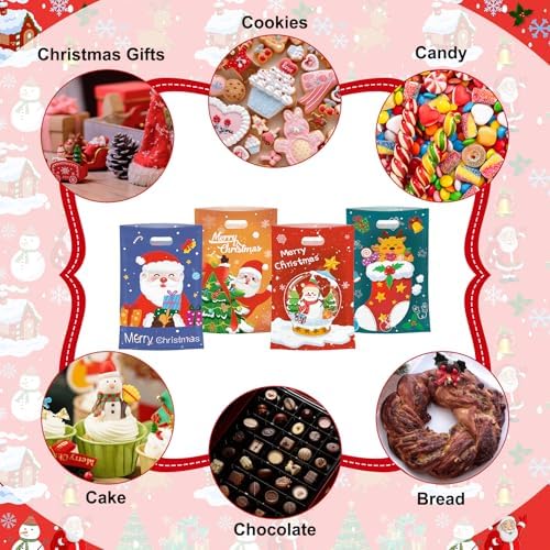 Litmitfu 50 Pcs Christmas Gift Bags with Handles, Plastic Merry Christmas Goodie Bags Bulk, Winter Candy Treat Tote Goody Cookie Party Favor Bag for Xmas Holiday Party Favors Supplies, 4 Styles