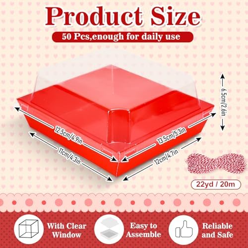 Whaline 50 Set Red Small Charcuterie Boxes with Clear Lids Forks Knives Mother's Day Clear Mini Dessert Box Disposable Food Container for Gift Giving Wedding Party Sandwich Cookie Sushi Cake