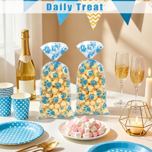 ZYLOP 50 Pcs Blue Dog Treat Bags - 5 x 11 Inch Clear Cellophane Dog Gift Bags with 60 Silver Twist Ties, Paw Print Bags for Pet Treats, Cat Treats, Candy, Cookies & Party Favors