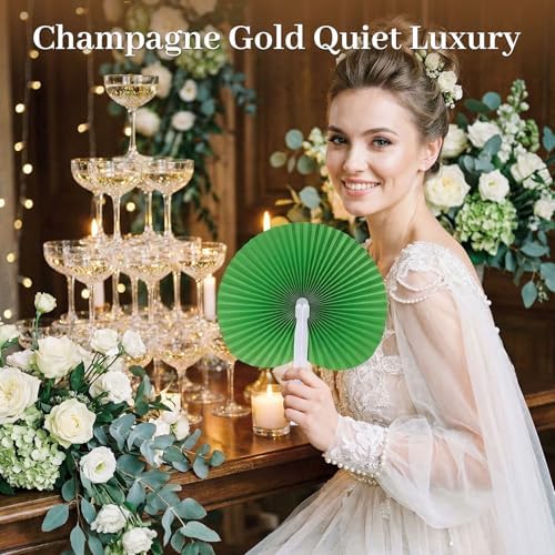 JOHOUSE Decorative Round Hand Fan Foldable, 12 Packs Green Paper Fans