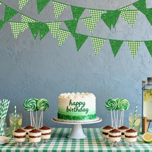 Glitter Green Party Pennant Banner Flag Green Buffalo Plaid Hanging Paper Triangle Bunting for Birthday Christmas Holiday Wedding Shower Bridal Shower St Patrick's Day Party Decorations Supplies