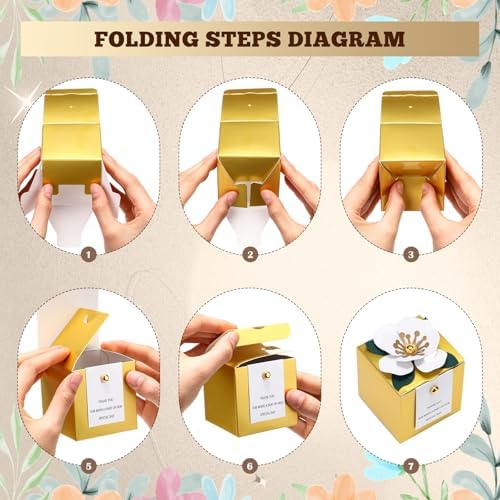 Affrolling 50 Pcs Wedding Favor Boxes with Thanks Card Square Flower Candy Boxes Paper Bridal Gift Box for Guests Wedding Bridal Shower Birthday Party Anniversary (Gold)