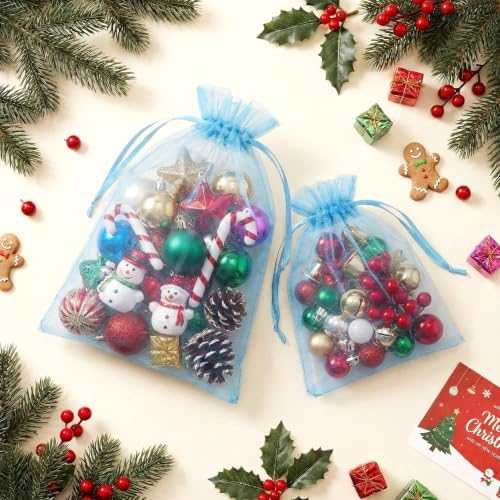 FUNFERY 100PCS Baby Blue Organza Gift Bags 5x7in,Drawstring Jewelry Pouch