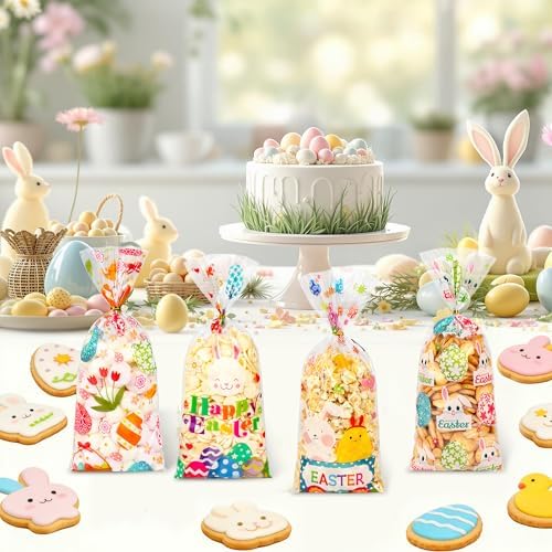 100 Pcs Easter Cellophane Treat Bags - 5 x 11 Inch Clear Easter Goodie Bags with 110 Gold Ties for Cookies, Snacks, Party Favors & Gift Packaging, 2.8 Mil Thick Plastic Easter Candy Bag for Kids