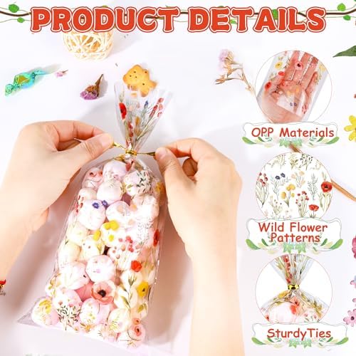 50 Pcs Wildflower Cellophane Treat Bags - 5 x 11 Inch Clear Floral Goodie Bags with Ties for Cookies, Snacks & Gift Packaging, Wildflower Candy Bag for Baby Bridal Shower, Bday, Wedding Party Favors