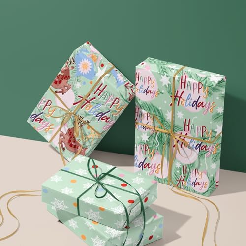 WRAPAHOLIC Christmas Wrapping Paper Roll - Mini Roll - 3 Rolls - 17 Inch X 120 Inch Per Roll - Happy Holiday Lettering with Christmas Ball and Elk, Snowflakes Holiday Collection
