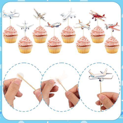 Hooqict 40Pcs Airplane Cupcake Toppers Airplane Birthday Cake Topper Decorations Cupcake Picks for Plane Themed Party Decorations Travel Around the World Party Supplies