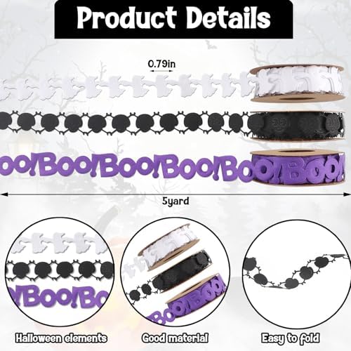 Threetols 3 Rolls 15 Yards Halloween Ribbons, Black Purple White Ghost Boo Skull Shape Craft Trim Embellishment for Gift Wrapping Party Decoration