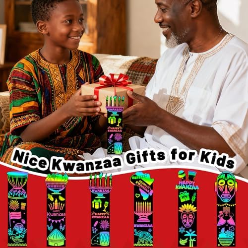 JUNEBRUSHS 30Pcs Kwanzaa Craft for Kids, Rainbow Magic Scratch Art Bookmark